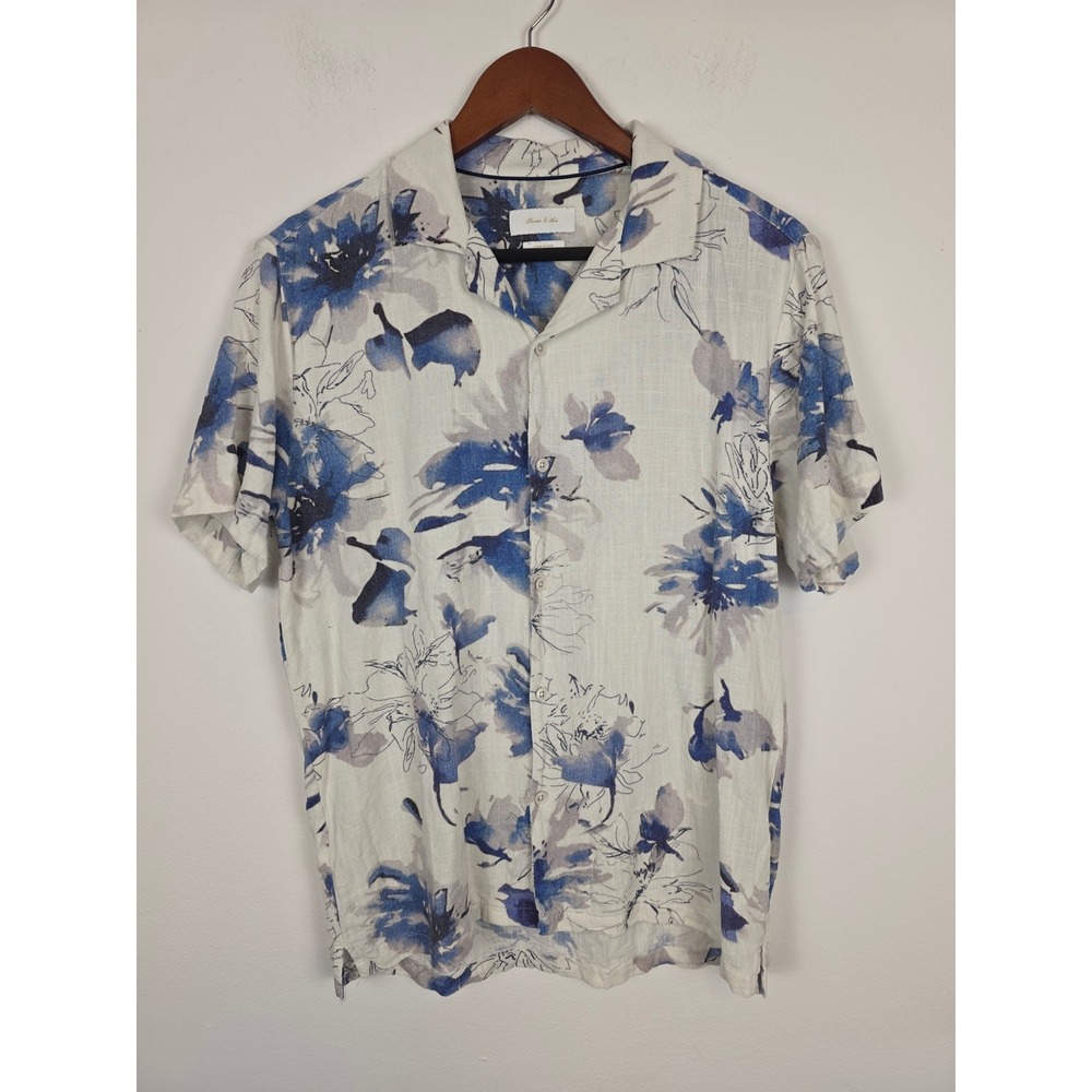 Porter & Ash Mens Linen Blend Floral Print Short Sleeve Casual Button Down Shirt